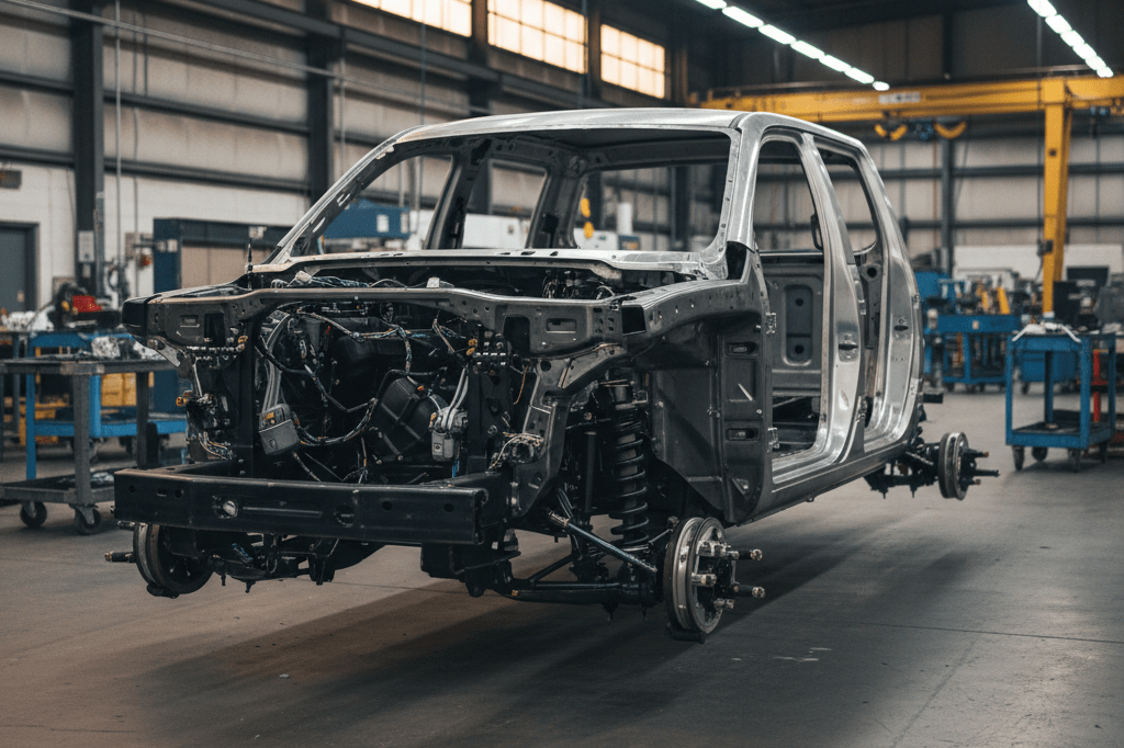 Industrial close-up of next-generation pickup truck chassis under assembly Medium shot of a bare pickup truck chassis with exposed frame and suspension on a factory floor, lit by natural and overhead industrial light