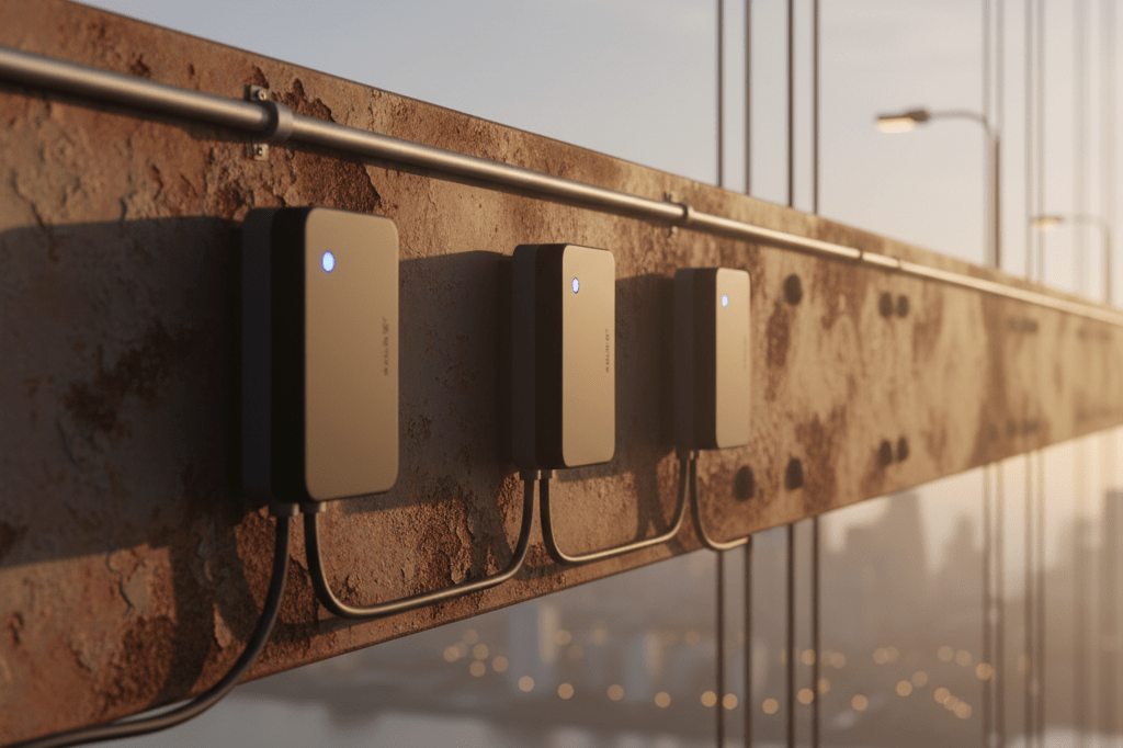 Medium shot of industrial sensors mounted on a steel bridge beam at golden hour with ambient lighting and misty background