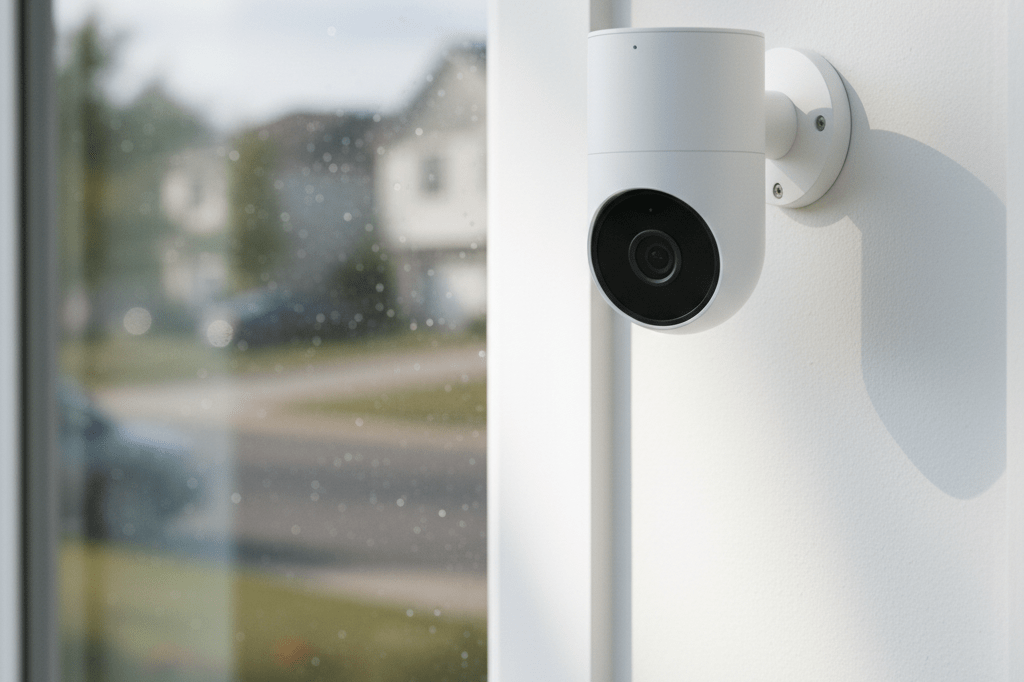 Medium shot of an out-of-focus smart security camera on a white wall with rain-streaked window showing blurred street reflection