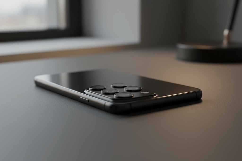 Medium shot of a high-end smartphone on a dark surface lit by natural and warm artificial light, highlighting its advanced camera system