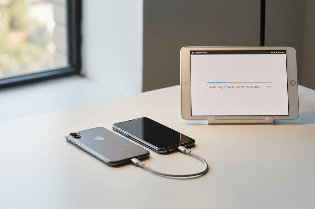 Medium shot of an iPhone and Android phone connected by a cable on a desk during cross-platform data transfer