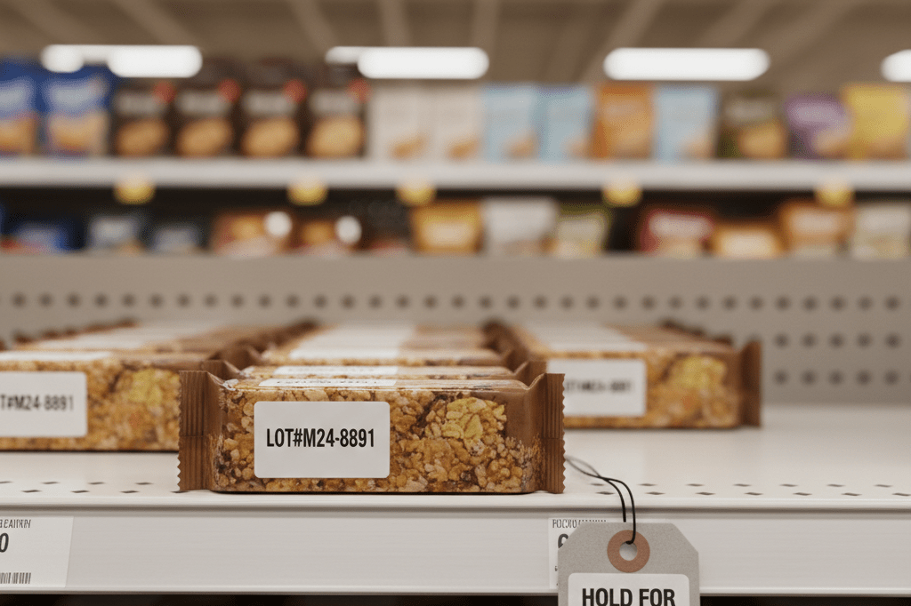 Medium shot of snack bars on a store shelf with one isolated by a quarantine tag, illustrating precise batch tracking in a food safety crisis