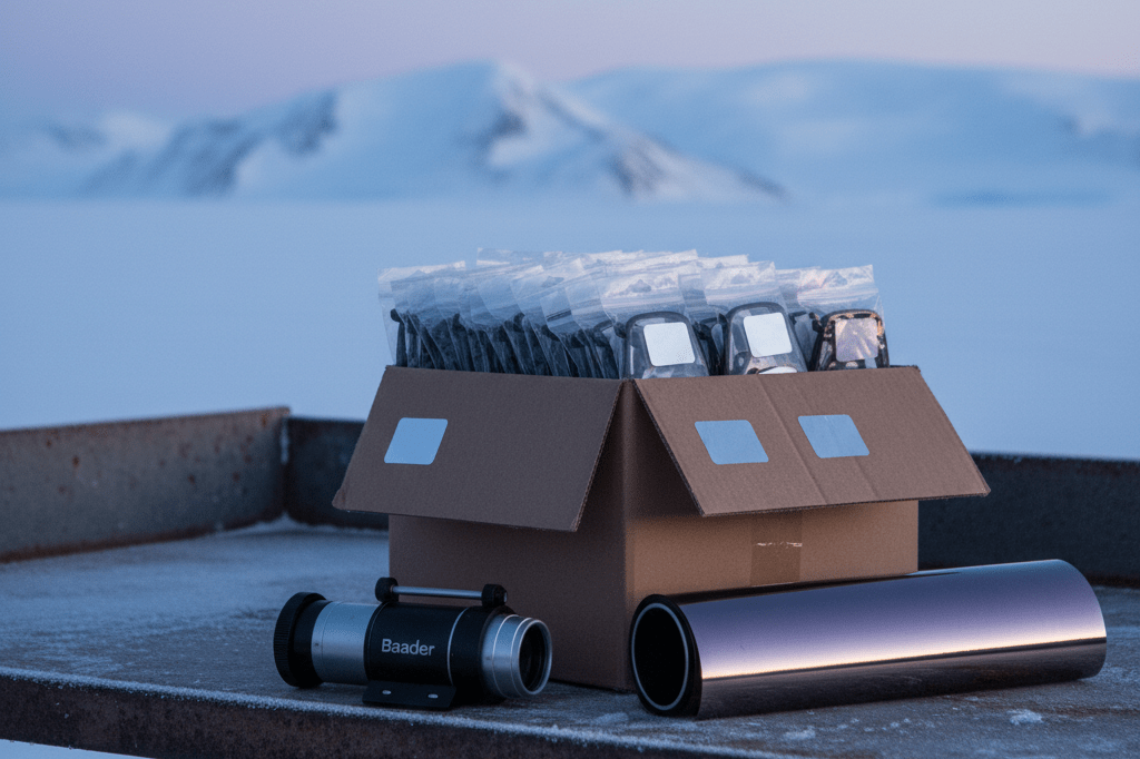 Medium shot of ISO-certified eclipse glasses, solar filter sheets, and telescope filter holder on a frost-dusted metal bench under Antarctic civil twilight