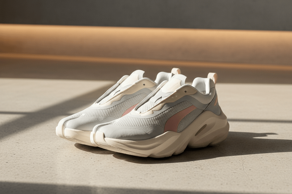 Photorealistic medium shot of sleek split-toe athletic shoes on light concrete floor bathed in natural and warm ambient light