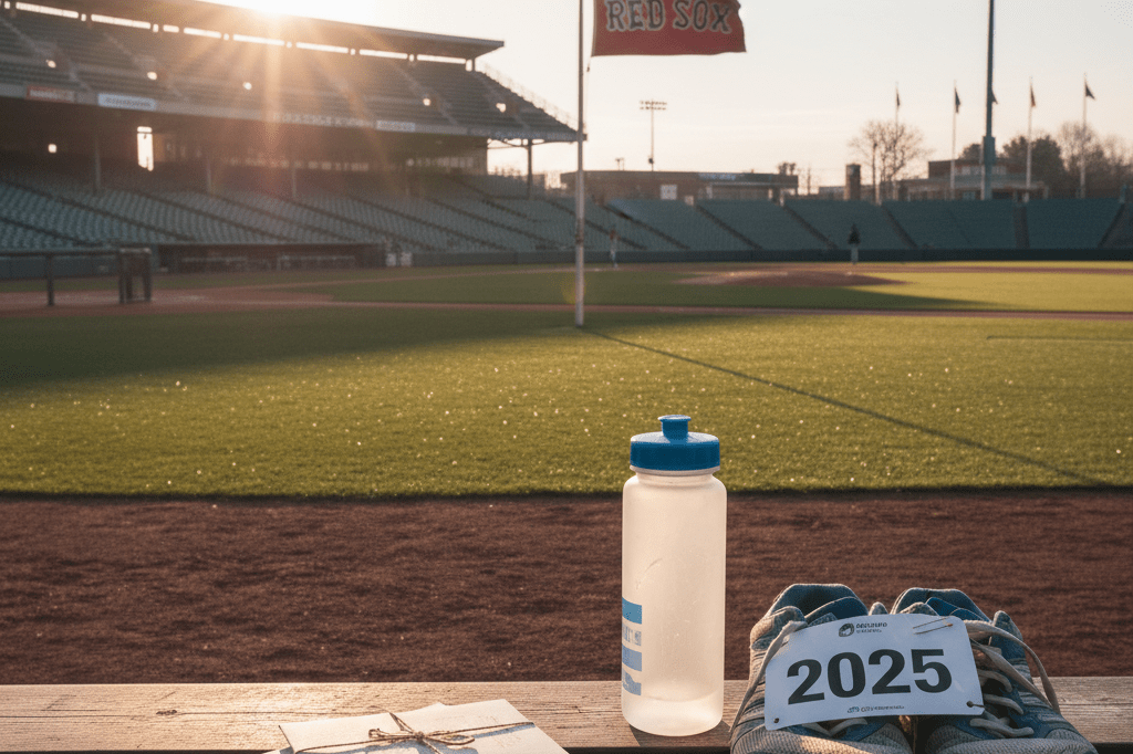 Medium shot of a quiet baseball field at dawn with message cards, running shoes, and a team banner—no people or logos visible