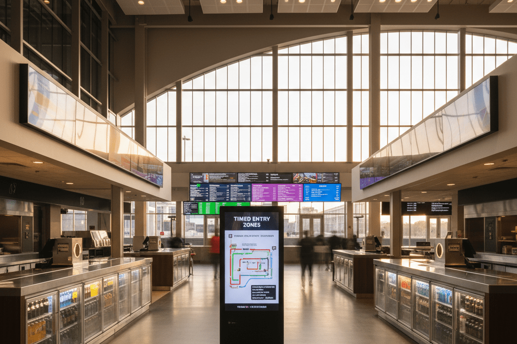 Medium shot of an empty, well-lit stadium concourse with digital signage, chilled beverage displays, and a venue map—emphasizing crowd flow efficiency