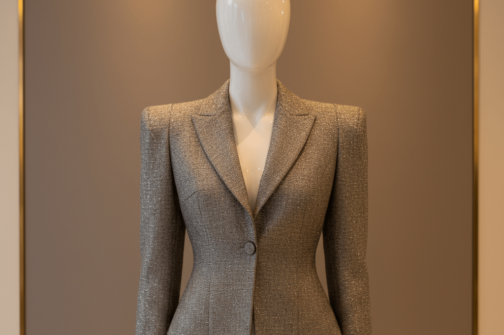 Medium shot of a bold structured evening jacket on a mannequin torso in a high-end boutique with soft ambient lighting