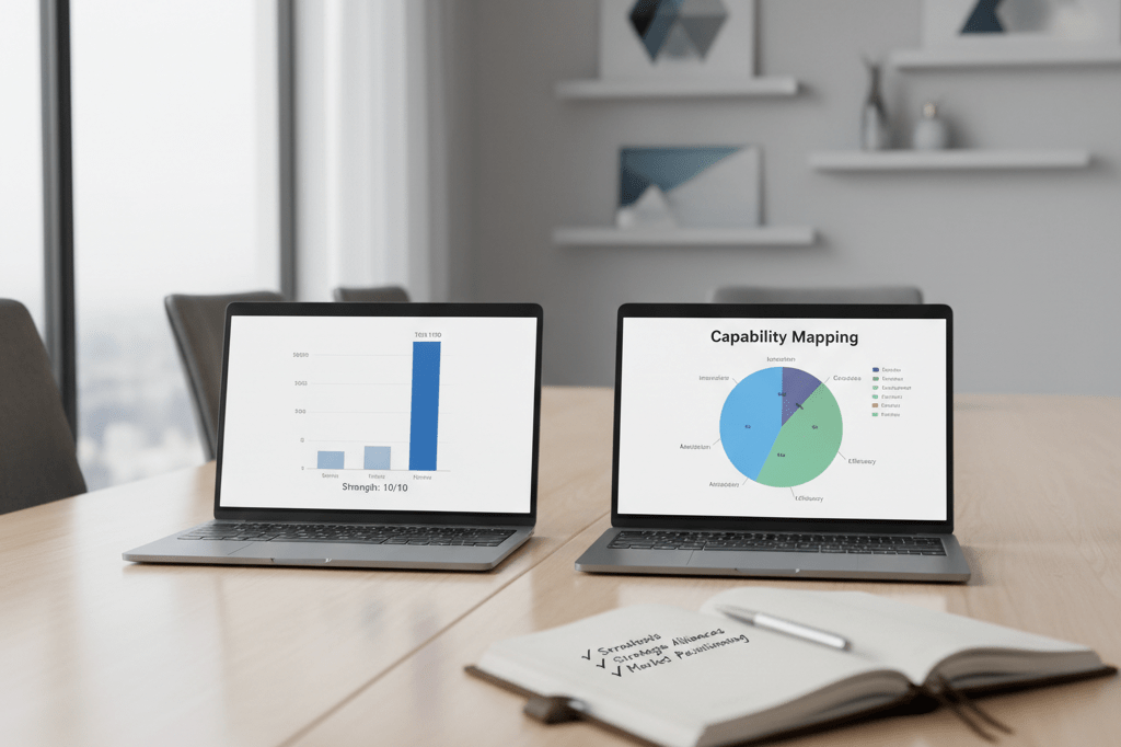 Medium shot of conference table with two laptops showing strength and capability charts, notebook, and natural lighting, no people visible