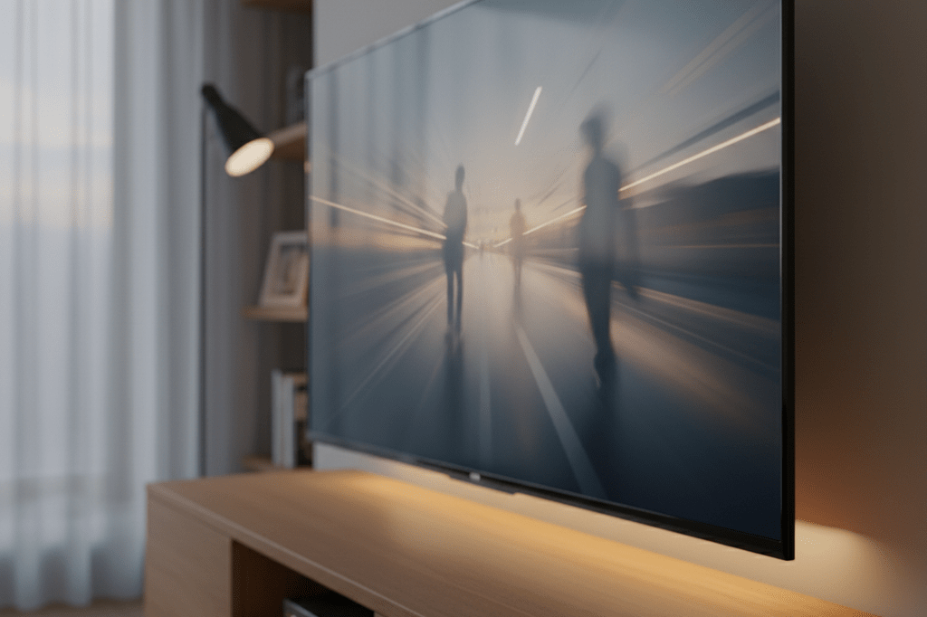 Medium shot of a living room TV showing abstract cinematic motion with an ASL icon pin on a console, lit by warm ambient light