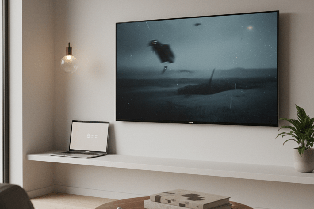Medium shot of a living room with TV showing abstract thriller-like visuals, neutral decor, and tech accessories under natural and warm ambient light
