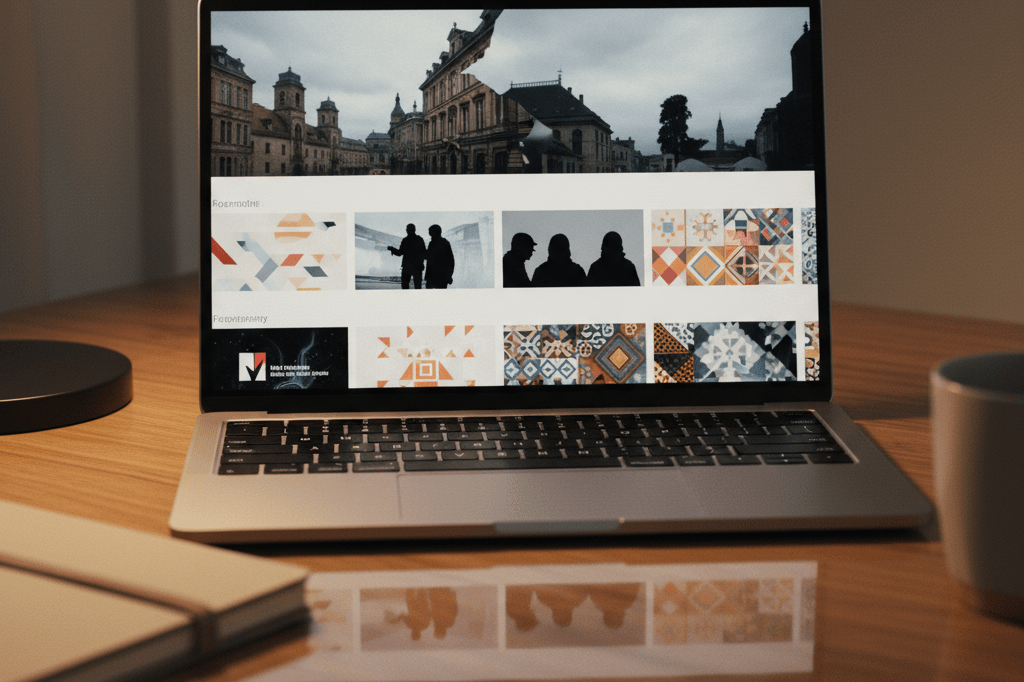 Medium shot of a laptop screen showing a minimalist streaming interface with abstract international genre thumbnails reflected on a wooden desk under warm ambient light