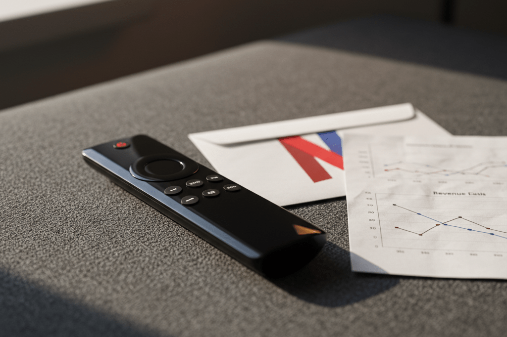 Medium shot of a streaming remote and blurred analytics report on fabric, lit by natural and desk lighting, representing data-informed business discontinuation decisions