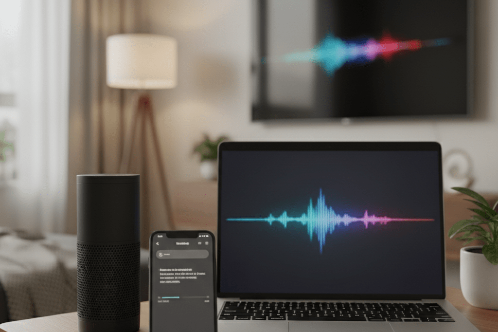 Medium shot of a speaker, smartphone, and laptop in a naturally lit room, showing cross-platform audio engagement without branding or people