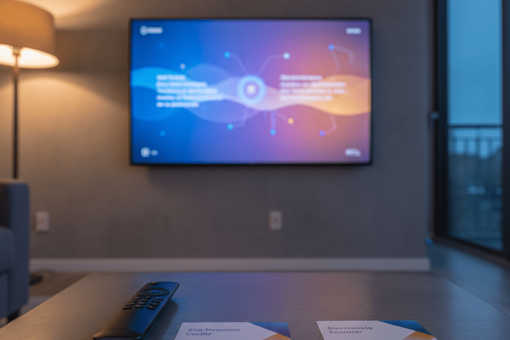 Medium shot of a living room with a glowing TV showing abstract streaming UI, remote, and generic bilingual subscription cards on a coffee table