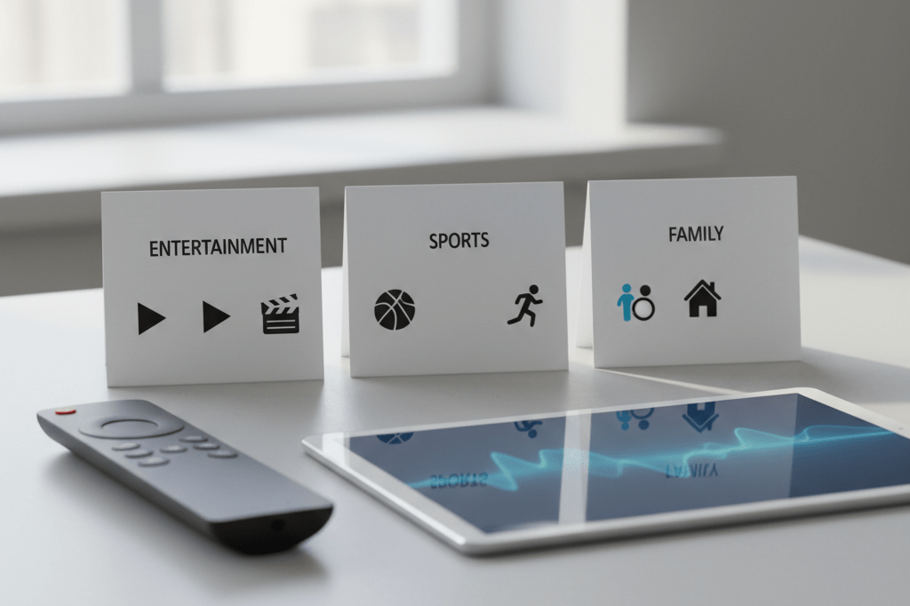 Three labeled genre-themed content bundle cards on a light gray surface with remote and tablet showing abstract streaming visuals