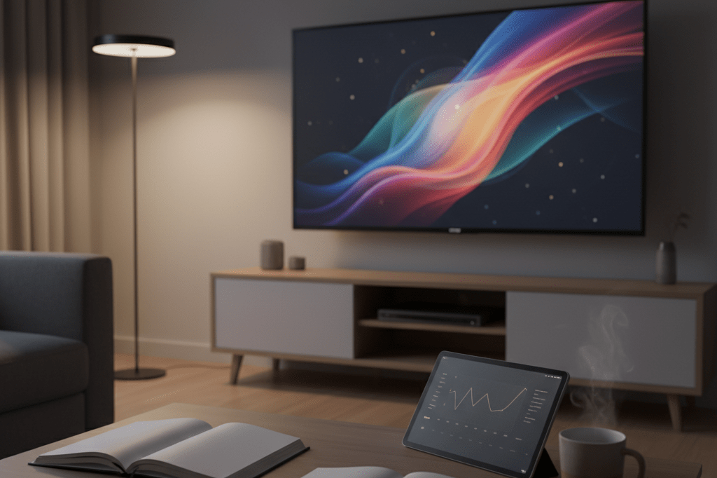 Medium shot of a cozy living room with glowing TV and data-inspired props suggesting streaming content curation strategy