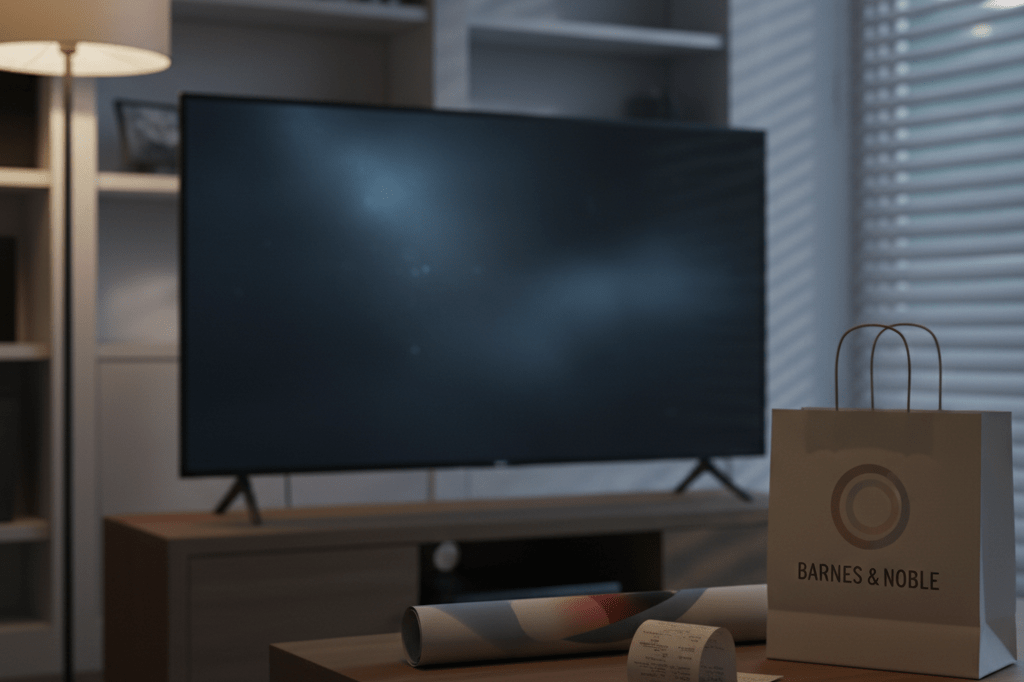Medium shot of a living room with TV showing atmospheric light, plus blurred poster, receipt, and bookstore bag—illustrating multi-channel film distribution