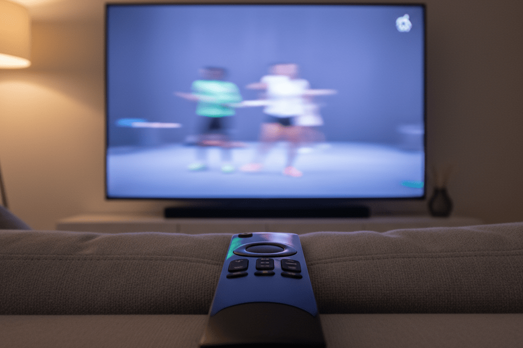 Medium shot of remote control on sofa with blurred Olympic-style motion on TV screen, ambient living room lighting, no visible faces or text