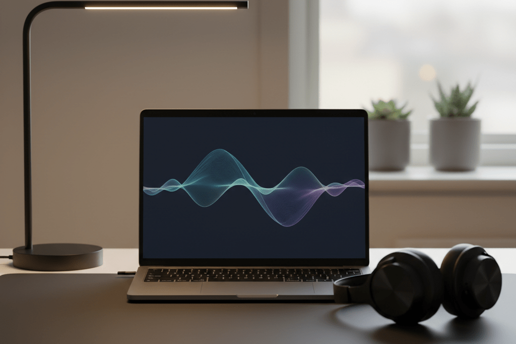 Medium shot of laptop with abstract audio visualization and premium headphones on minimalist desk, symbolizing paid-exclusive music access