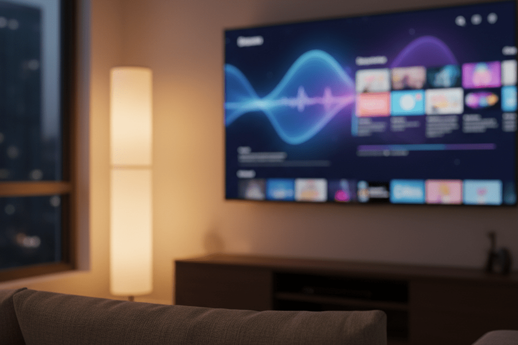 Medium shot of a softly lit living room with TV emitting abstract streaming interface glow, remote on couch, no people or branding visible