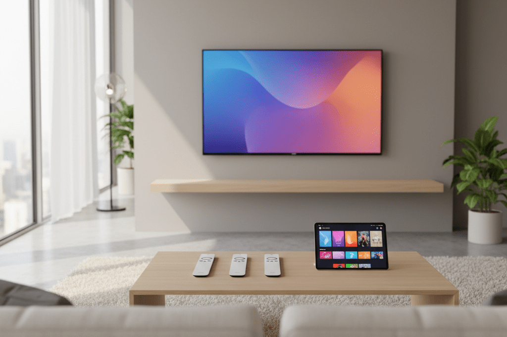 Medium shot of a living room with unbranded remote controls and tablet showing a clean streaming interface on a neutral background