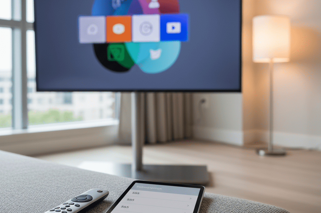 Medium shot of a living room with TV displaying blurred streaming interface and tablet showing generic subscription prices in neutral setting