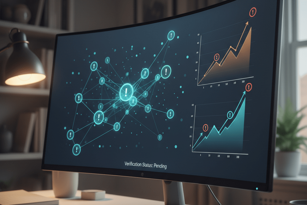 Medium shot of a monitor displaying abstract data visualizations related to streaming platform verification and content monetization analytics
