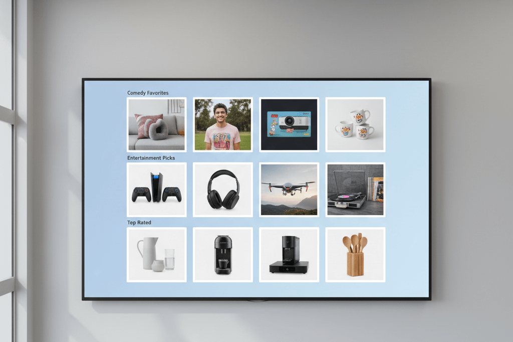 A wall-mounted monitor displays a simplified, branded-free product grid with clear categories and lifestyle thumbnails in a bright office setting