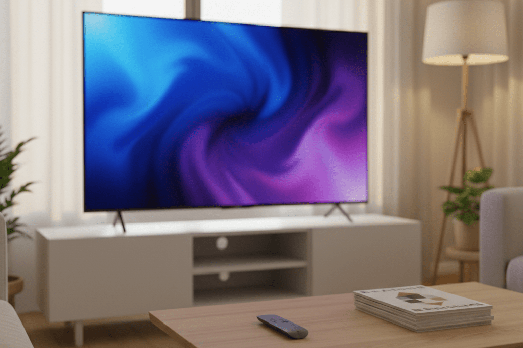 Medium shot of a remote and neutral magazines on a coffee table facing a vibrant abstract TV screen in a sunlit living room
