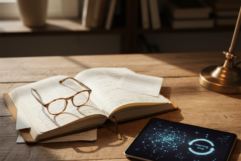 Medium shot of an open notebook, reading glasses, and tablet with data visuals on a sunlit wooden desk, representing continuous learning and innovation