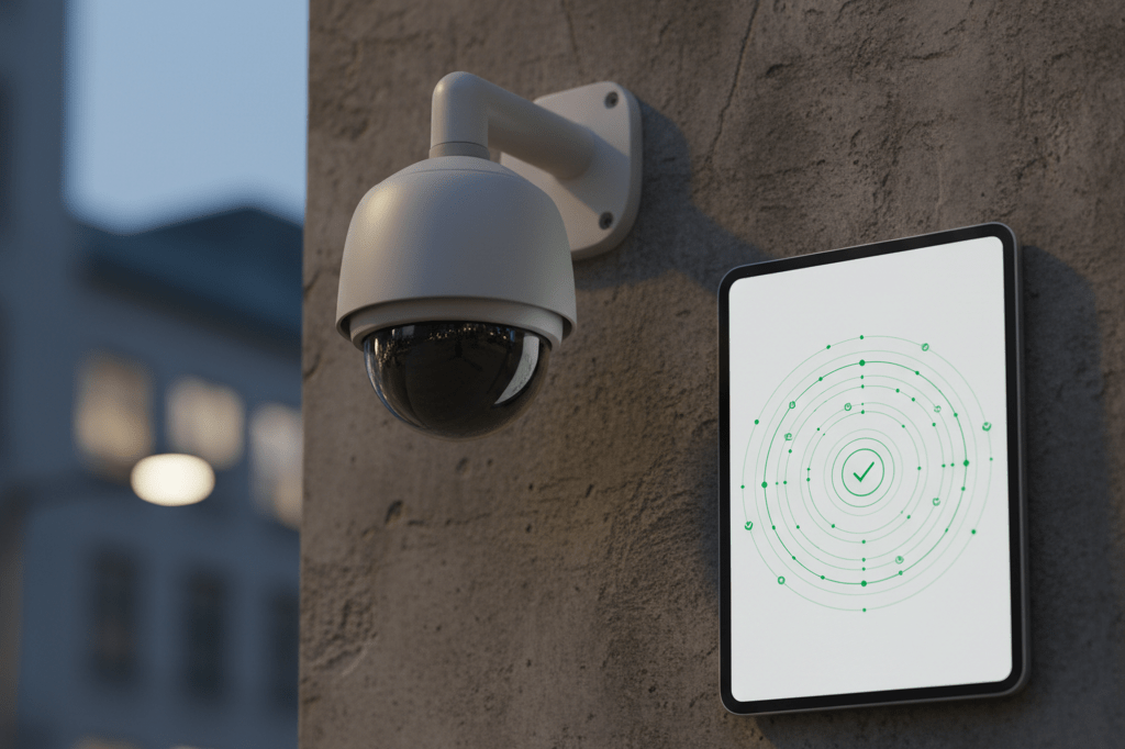Medium shot of a neutral surveillance camera mounted on a wall beside a tablet showing abstract multi-layered verification graphics under ambient streetlighting