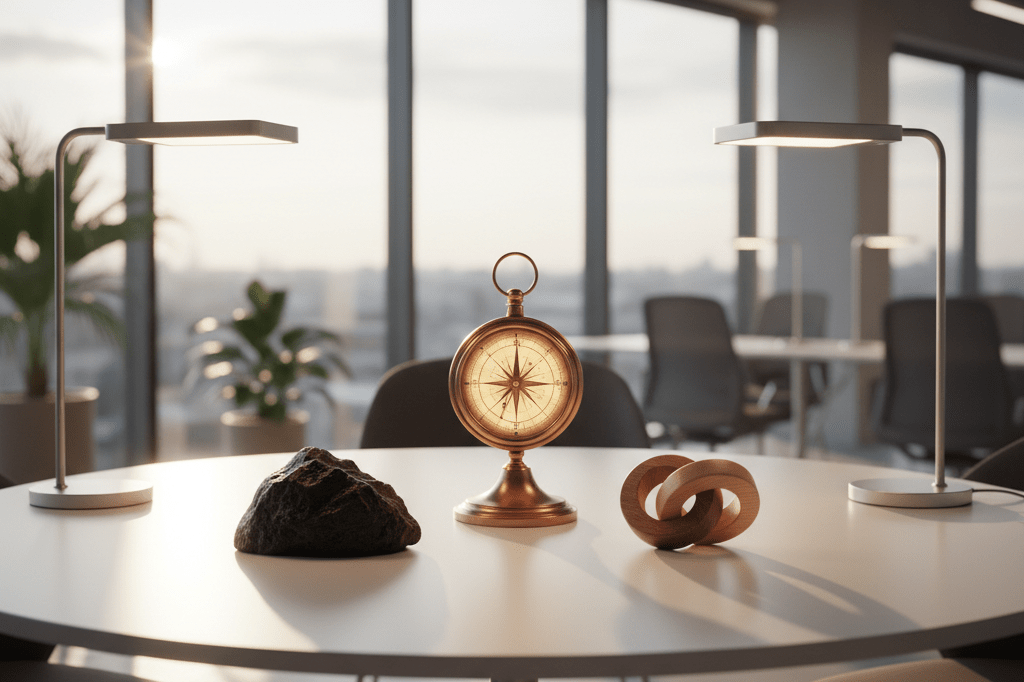 Medium shot of a bronze compass, black basalt stone, and wooden puzzle ring on a table in natural light, symbolizing cooperative, risk-taking, and synergistic teamwork