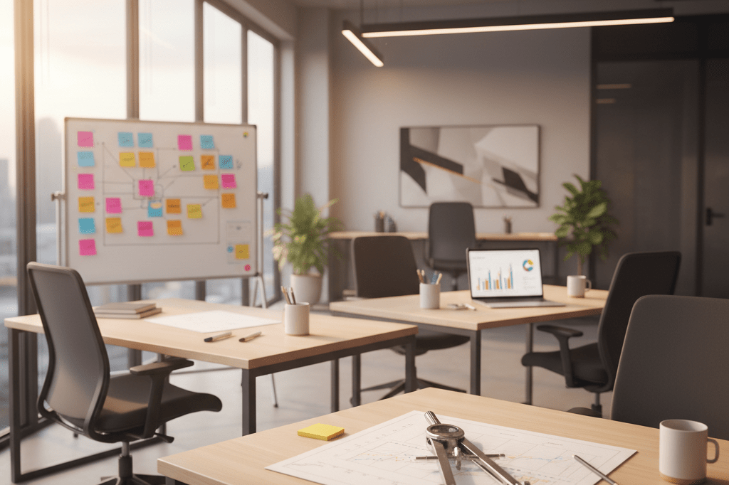 Medium shot of three coordinated workstations in a bright office, each showing distinct professional tools symbolizing complementary skills without people or branding