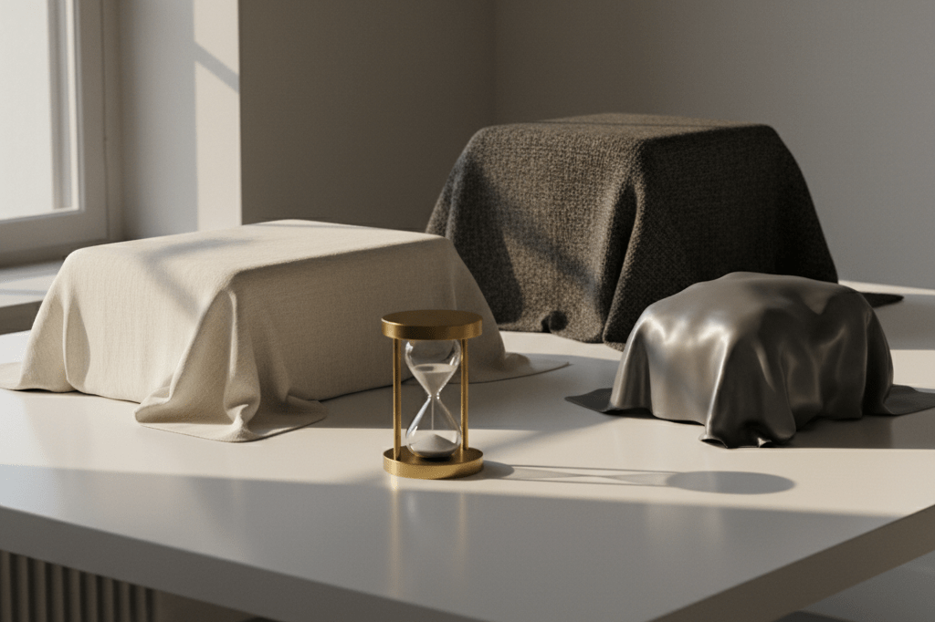 Medium shot of draped product silhouettes and a brass timer on a clean table under natural and ambient lighting