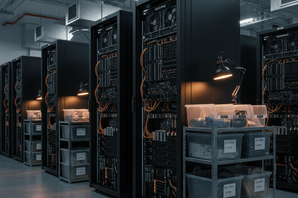 Optimized tech hardware supply chain with server racks and cooling equipment Warehouse aisle with server racks and cooling gear under ambient light showing supply chain optimization