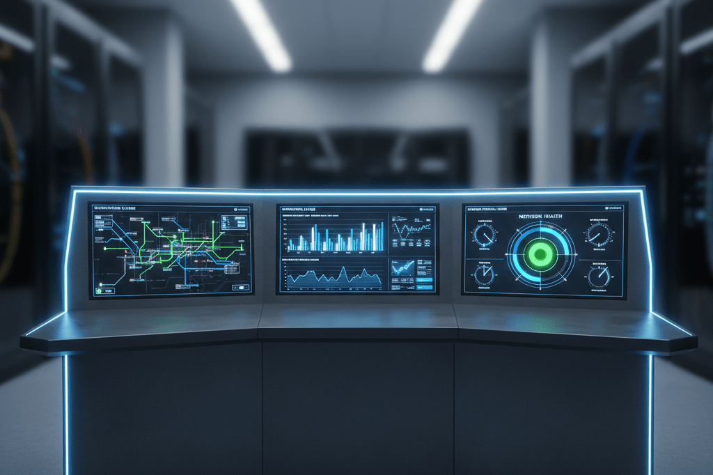 Medium shot of a branded-free telecom control panel showing illuminated network status screens and fiber routing diagrams under ambient lighting