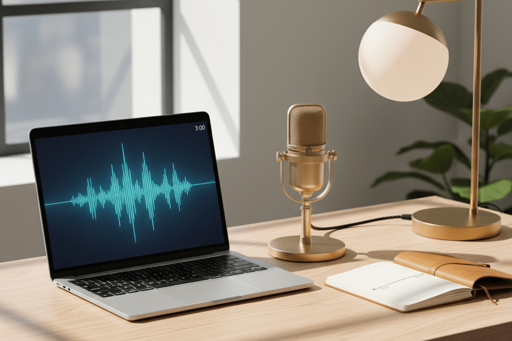 Medium shot of laptop showing a 3-minute audio waveform beside a vintage microphone and open notebook on wooden desk lit by natural and warm ambient light