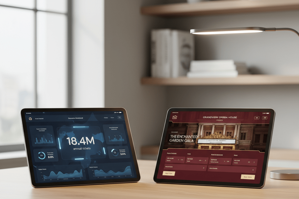 Two tablets on a wooden table display complementary ticketing interfaces—one enterprise dashboard, one customizable venue-branded event page—under natural and ambient lighting