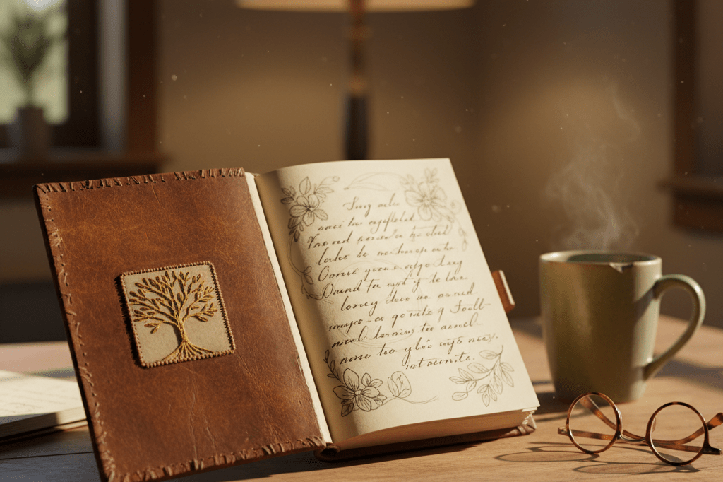 Timeless character-driven product symbolizing multigenerational brand resonance Medium shot of an open vintage leather notebook with handwritten script and embroidery on a sunlit wooden desk, evoking enduring brand personality and emotional connection