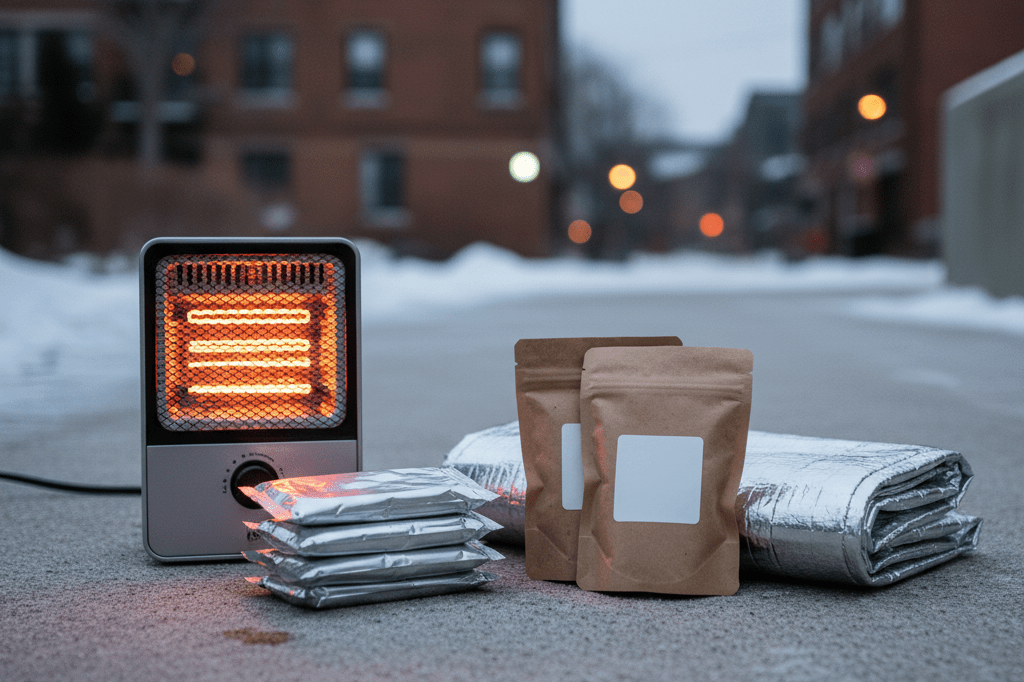 Medium shot of portable heater, hand warmers, emergency food, and thermal blanket on icy urban surface during extreme cold weather
