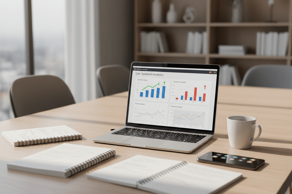 Medium shot of a laptop displaying generic sentiment analytics charts on a clean conference table with notebooks and a mug in natural light