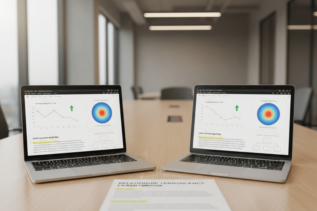 Medium shot of conference table with dual laptops showing synchronized relationship health dashboards and a printed transparency framework document