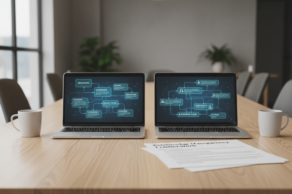 Medium shot of conference table with laptops displaying workflow diagrams and a transparency framework document under natural and ambient light