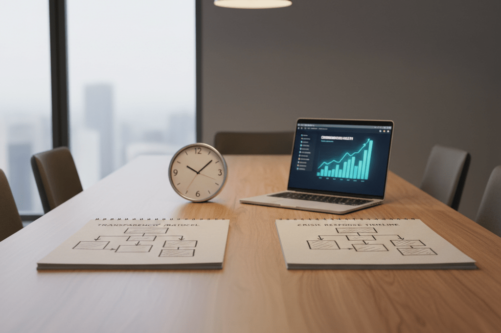 Medium shot of notebooks, clock, and laptop displaying abstract relationship health metrics on a sunlit conference table
