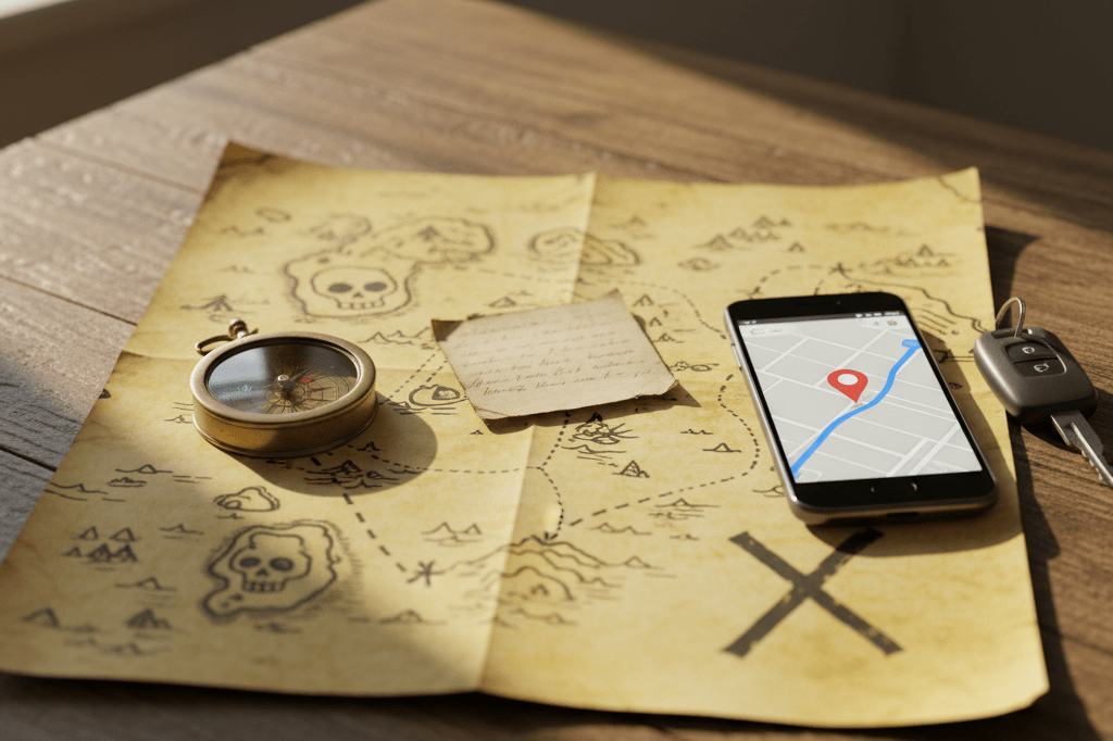 Medium shot of a hand-drawn treasure map with compass, clue paper, and keys beside smartphone showing GPS pin on neutral map