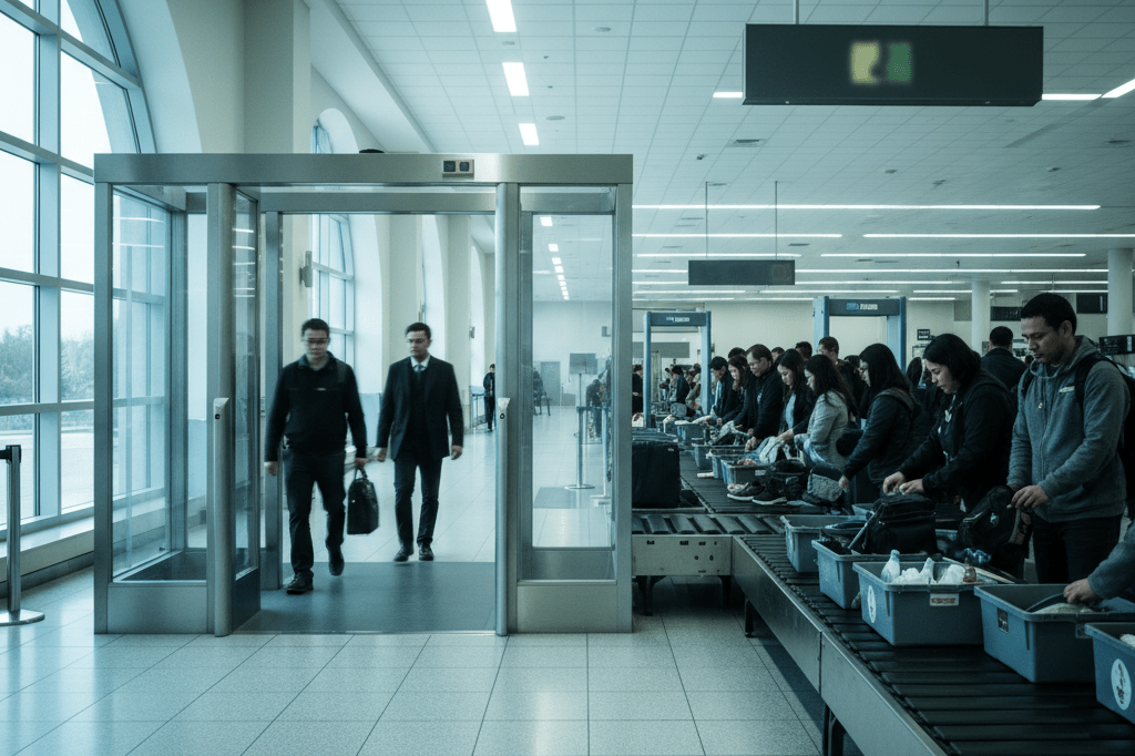 Medium shot of airport security lanes contrasting fast-moving PreCheck flow with slower standard screening under natural and terminal lighting