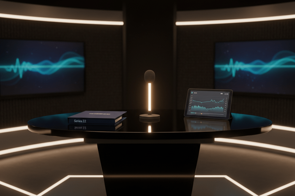 Medium shot of a professional TV studio console with microphone, script binder, and tablet showing abstract analytics dashboard under ambient lighting