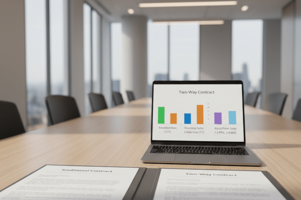 Medium shot of two contract documents and laptop screen showing talent retention stats and athlete performance data in a bright conference room