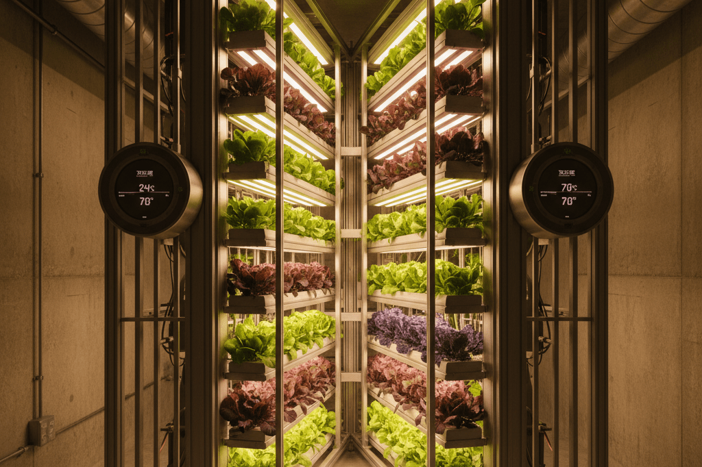 Medium shot of stacked hydroponic towers with leafy greens under warm artificial dawn lighting in a clean, reinforced underground facility