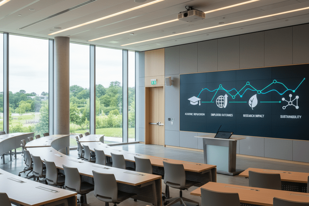Empty contemporary lecture hall with natural light and abstract metrics displayed on a clean digital wall